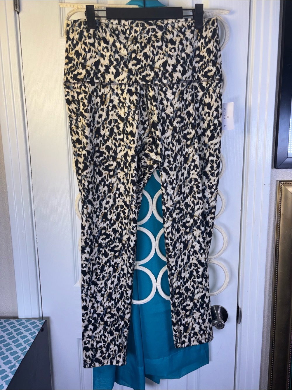 CORE 10 Women's Black Teal and Cream Leopard Print Leggings